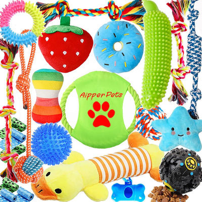 Aipper Dog Puppy Toys 23 Pack, Puppy Chew Toys for Fun and Teeth Cleaning, Dog Squeak Toys,Treat Dispenser Ball, Tug of War Toys, Puppy Teething Toys, Dog Rope Toys Pack for Medium to Small Dogs