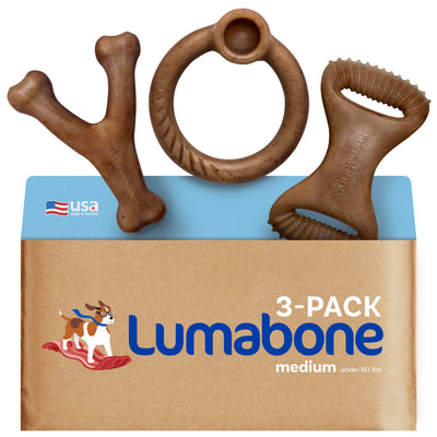 Lumabone Real Bacon 3-Pack Dog Toys for Aggressive Chewers,Wishbone, Dental Chew, Ring Bacon Medium