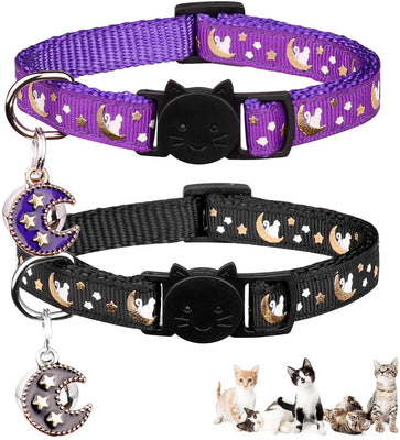 2 collares Breakaway para gatos con campanas y estrellas ajustables con colgante que brilla en la oscuridad. - BESTMASCOTA.COM