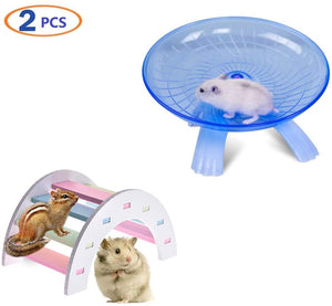 2 Pack Rat Flying Saucer Exercise Wheel & Wood Bridge Rainbow Climb - Durable ABS Plastic Running & Jogging Running Silent Spinner - For Mouse Hedgehog Chinchilla Pets Mice Hamsters Gerbil Cage Toy - BESTMASCOTA.COM