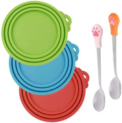3 cubiertas de silicona para mascotas y 2 cucharas para mascotas, tapa de comida enlatada y cuchara para perro y gato, una se adapta a tres tamaños – rojo, verde, azul claro - BESTMASCOTA.COM