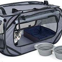 Cat Travel Cage Portable for Car Foldable Cat Cage Kennel for Indoor Outside Large Small Cats Enclosure Cage with Litter Box, Silicone Bowls, Toys Feather Teaser Wand, 32”x19”x19” - BESTMASCOTA.COM