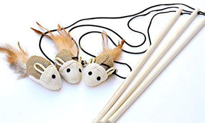 Gato gatito Juguetes, Conjunto de 3 de madera natural de Sisal Varita bromistas con mouse, Bell, pluma, elástico cadena, y resistente Rod, Awesome Soluciones de divertido, mejor Cat Catcher ratones para mascotas by Earthtone interactivo - BESTMASCOTA.COM