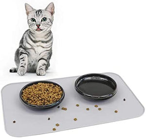 ComSaf MSBC - Juego de alimentación y riego para gatos, incluye 2 cuencos de cerámica para comida y agua de gato + 1 alfombrilla de alimentación de silicona, material saludable de grado alimentario, batidor ancho y poco profundo, sin estrés y sin píldoras - BESTMASCOTA.COM