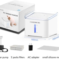 Cleebourg Fuente de agua para mascotas, 2 l, dispensador automático de agua para perro, fuente eléctrica para beber agua con 3 ajustes de flujo y 2 filtros de repuesto y 1 alfombrilla de silicona para gatos y perros - BESTMASCOTA.COM