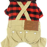 SMALLLEE_LUCKY_STORE Pet Clothes for Small Dog Cat Red Plaid Shirts Sweater with Khaki Overalls Pants Jumpsuit - BESTMASCOTA.COM