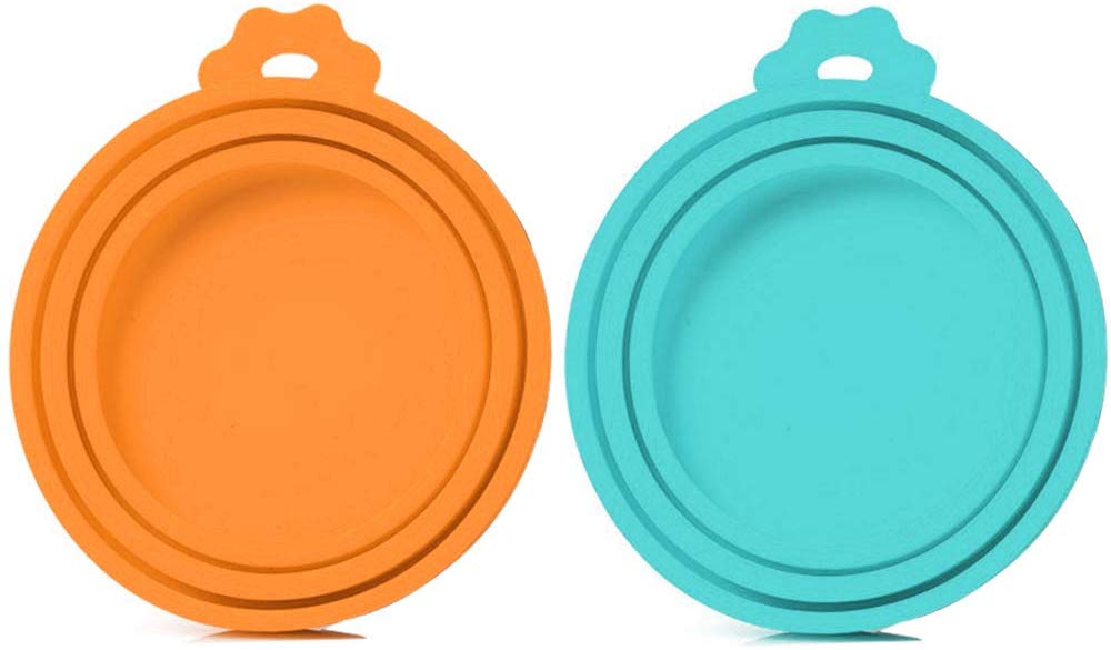 SLSON - Juego de 2 tapas universales de silicona para comida de mascotas y gatos para perros y gatos, 1 para 3 tamaños estándar sin BPA, apto para lavavajillas, azul y naranja - BESTMASCOTA.COM