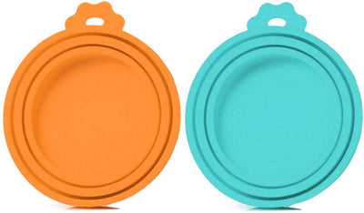 SLSON - Juego de 2 tapas universales de silicona para comida de mascotas y gatos para perros y gatos, 1 para 3 tamaños estándar sin BPA, apto para lavavajillas, azul y naranja - BESTMASCOTA.COM