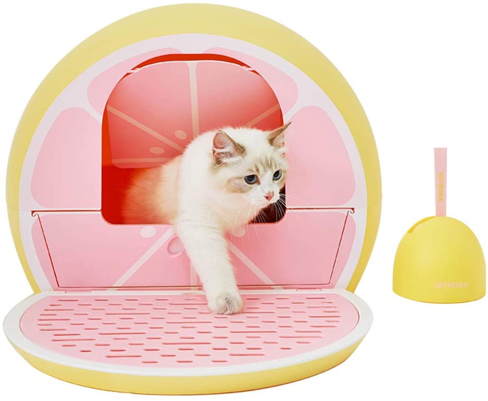 VETRESKA - Caja de arena para gatos con pala cubierta de arena para gatos con tapa, estilo frutal, pomelo rosa - BESTMASCOTA.COM