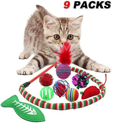 SCIROKKO Juego de juguetes para gatos y cachorros (9 piezas) – Incluye juguete para jinger, pelota de hielo, pez de gato, pelota de plumas, pelota de mylar crinkle, varita para gatos y más bonitos juguetes para gatos - BESTMASCOTA.COM