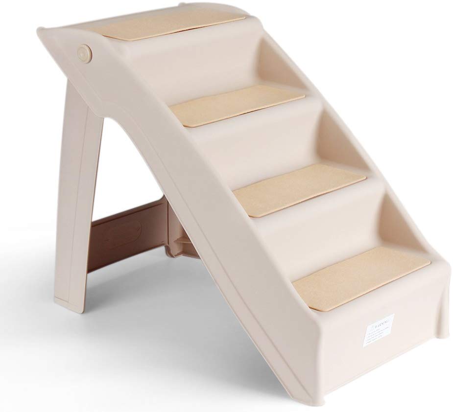 Flexzion Escaleras plegables para perro y gato, portátil, de plástico, Para camas altas, de interior y exterior, Fácil de guardar y decorativo, Beige - BESTMASCOTA.COM