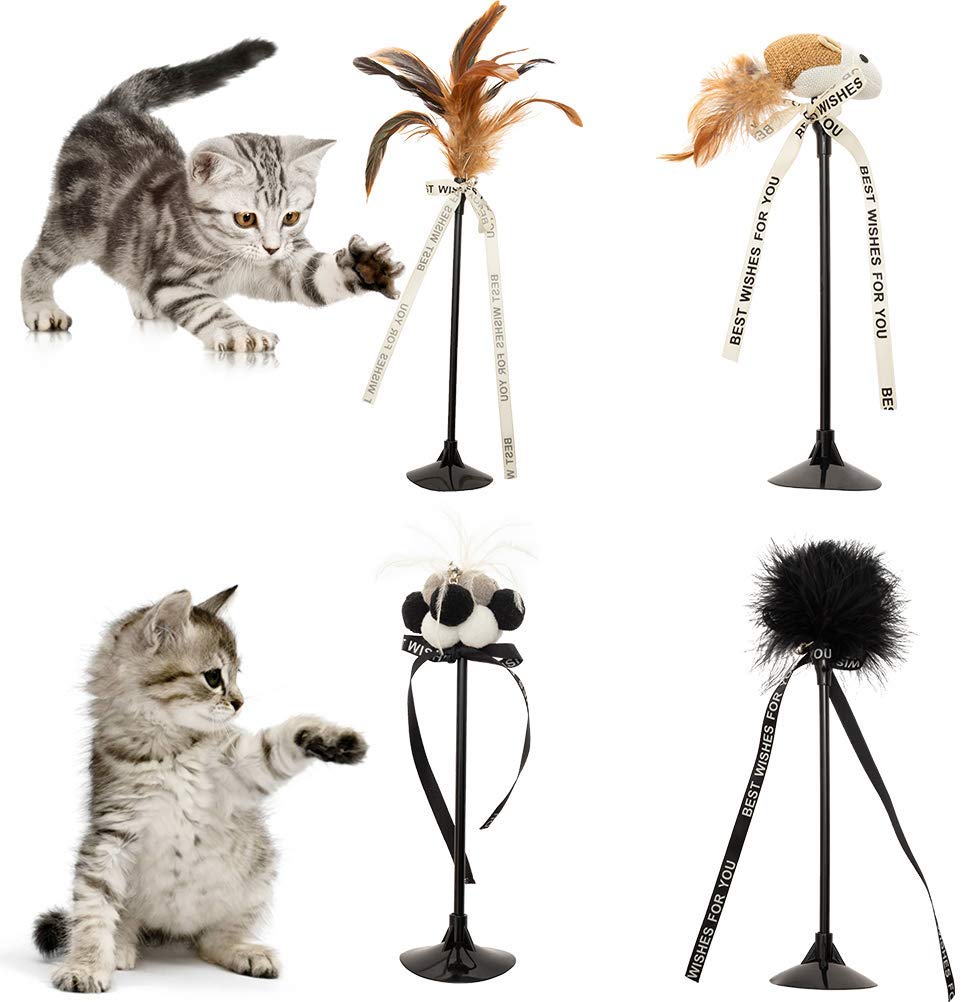 Bingpet - Varitas interactivas para gatos con ventosa y campana (4 unidades, plumas de gato, juguetes para ratón) - BESTMASCOTA.COM