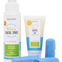 Kit dental premium para mascotas de Oxyfresh: el mejor tratamiento para el mal aliento para perros y gatos – Solución fácil y segura y eficaz – Tamaño de viaje – Pasta de dientes para mascotas sin sabor, cepillo de dedos para mascotas y spray dental para - BESTMASCOTA.COM