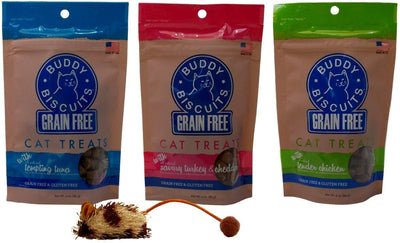 Buda galletas sin pegamento suave humedecido gato dulces 3 sabor variedad con juguete Bundle, (1) cada uno: Tempting Tuna, Savory turco Cheddar, Tender Pollo (3 onzas) - BESTMASCOTA.COM