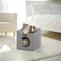 FEANDREA - Cubo plegable para gato, con superficie de remolque y 2 cojines reversibles, para gatos, cueva, lino, fieltro y tablero DM, resistente a los arañazos, color gris UPCB04G - BESTMASCOTA.COM