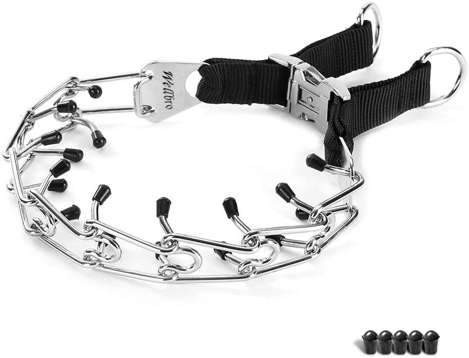 Wellbro collar de entrenamiento con dientes de metal para perros grandes y medianos (Pit Bull, pastor alemán), con hebilla a presión de liberación rápida y puntas de hule, plateado y regulable - BESTMASCOTA.COM