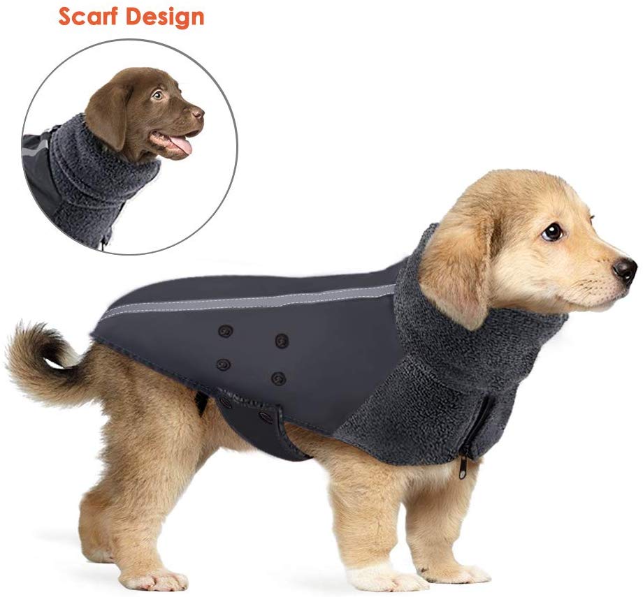 SlowTon - Abrigo de invierno para perro, cálido forro polar para perro, chaqueta exterior con cuello alto y bufanda reflectante, a rayas, ajustable, impermeable, resistente al viento, chaleco suave para cachorros - BESTMASCOTA.COM