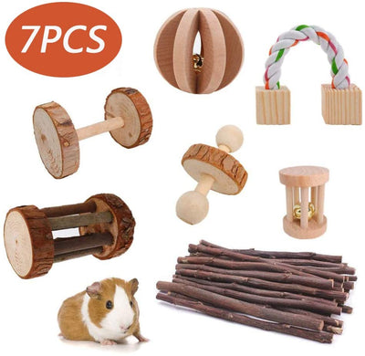 CROWNY Hamster Chew Toys, Gerbil Rat Guinea Pig Chinchilla Chew Toys Accessories, Natural Wooden Dumbbells Exercise Bell Roller Teeth Care Molar Toy for Rabbits Bird Bunny - BESTMASCOTA.COM