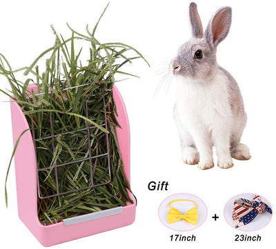 Zdada - Comedero de conejo para interiores y exteriores, color rosa, comedero de heno para animales pequeños con el regalo de 1 toalla triangular y 1 pajarita - BESTMASCOTA.COM