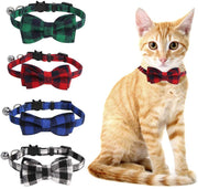 SLSON - Juego de 4 collares para gato con campana, a cuadros y pajarita para mascotas, gatitos y gatos, ajustables de 8 a 11 pulgadas, negro, azul, rojo y verde - BESTMASCOTA.COM