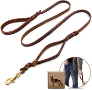 wellbro doble asa de piel auténtica correa de perro, trenzado cuerda de entrenamiento con asa de tráfico, fácil control y resistente, 0.7 inch de ancho por 6 ft de longitud, color café - BESTMASCOTA.COM