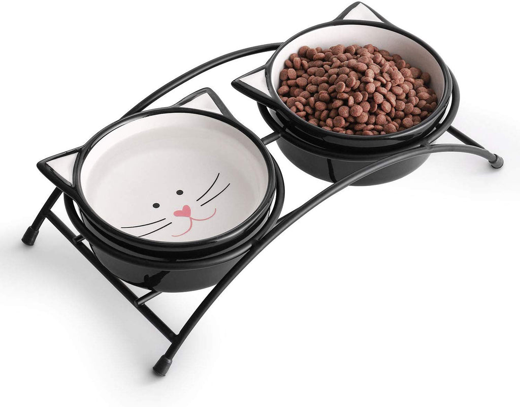 Y YHY cuencos elevados de cerámica para gatos, cuencos de agua o comida para gatos, platos dobles con soporte de metal, diseño de orejas de gato, 12 onzas - BESTMASCOTA.COM