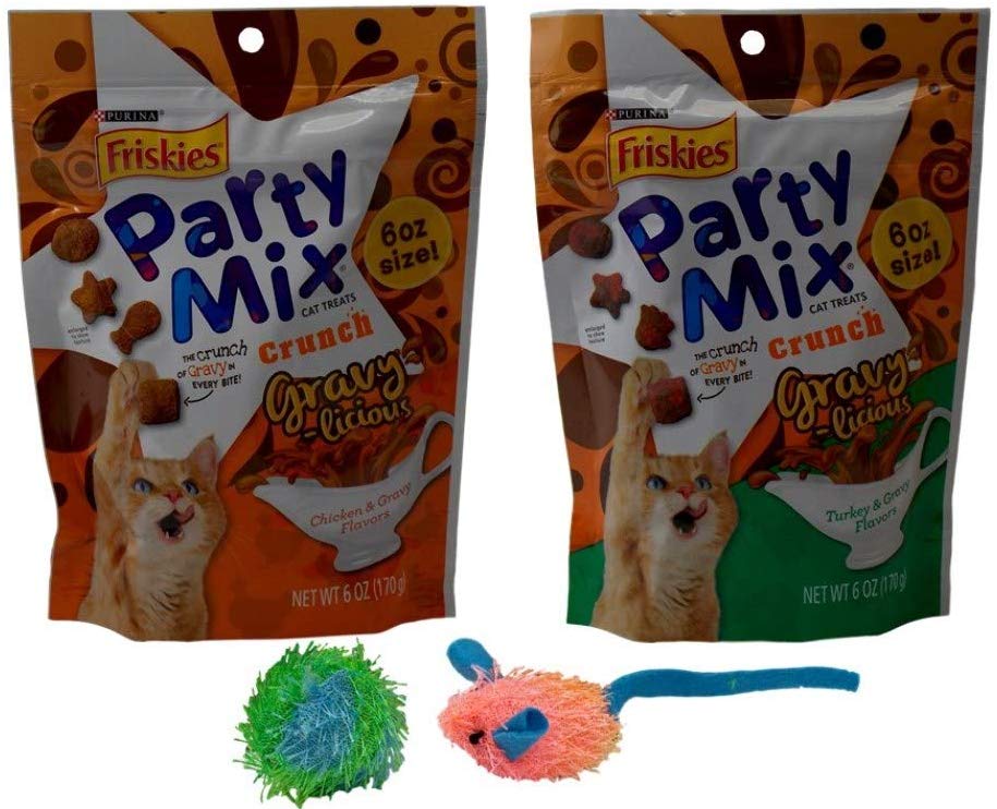 Friskies Party Mix Crunch Gravy-Licious Treats for Cats 2 Flavor Variety Plus 2 Catnip Toys Bundle, (1) cada uno: Pollo, Turquía (6 onzas) - BESTMASCOTA.COM