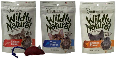 Fruitables Wildly Natural Crunchy Limited Ingredient Cat Treats 3 Flavor Variety with Toy Bundle, (1) Cada uno: Salmon, Tuna, Pollo (2,5 onzas) - BESTMASCOTA.COM