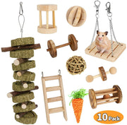BicycleStore Hamster Chew Toys, 10 Pcs Guinea Pig Toys Natural Wooden Rat Bunny Rabbit Chew Toys Accessories Dumbbells Exercise Bell Roller Teeth Care Chew Molar Toy for Gerbils, Chinchilla - BESTMASCOTA.COM
