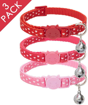 PAWCHIE - Collar para gato con campana, 3 unidades, ajustable, diseño de corazón con flores extraíbles con brillantes brillantes, color rojo, rosa, rojo rosa y rojo - BESTMASCOTA.COM