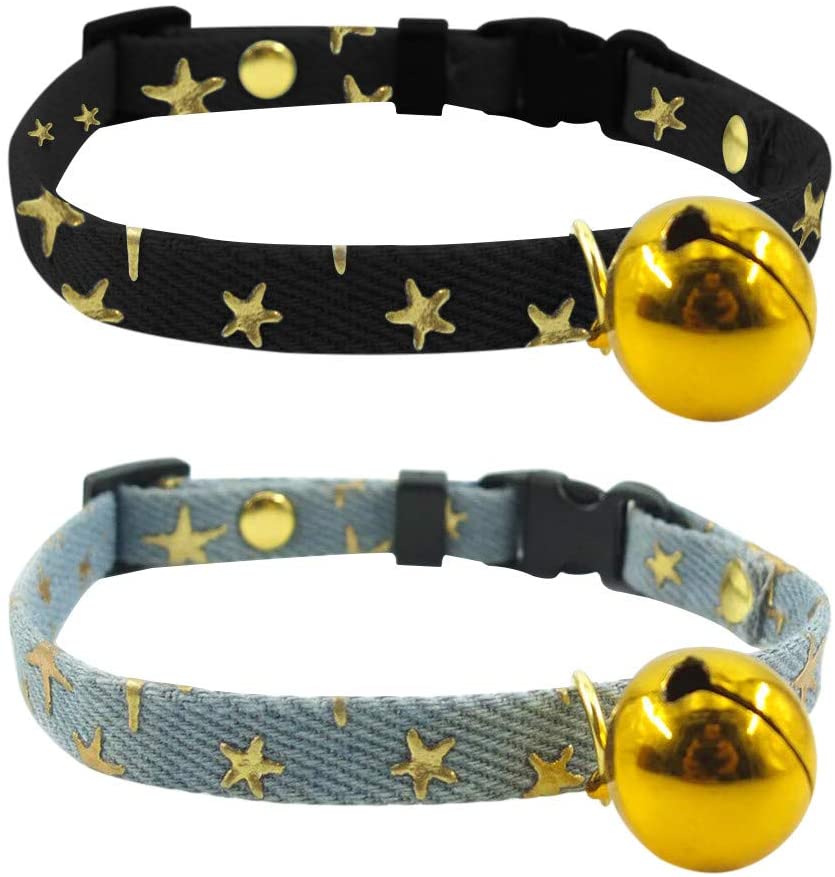 SLSON - 2 collares para gatos con campana para gatitos y cachorros, lindo collar con patrón de estrellas y campana dorada para gatito de mascota ajustable de 8 a 12 pulgadas - BESTMASCOTA.COM