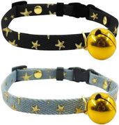 SLSON - 2 collares para gatos con campana para gatitos y cachorros, lindo collar con patrón de estrellas y campana dorada para gatito de mascota ajustable de 8 a 12 pulgadas - BESTMASCOTA.COM