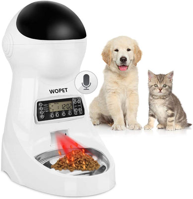 WOPET comedero para mascotas, cuenco de acero inoxidable, dispensador automático de alimentos para perros y gatos con temporizador programable, alarma de distribución, control de porciones, grabación de voz de hasta 4 comidas al día - BESTMASCOTA.COM