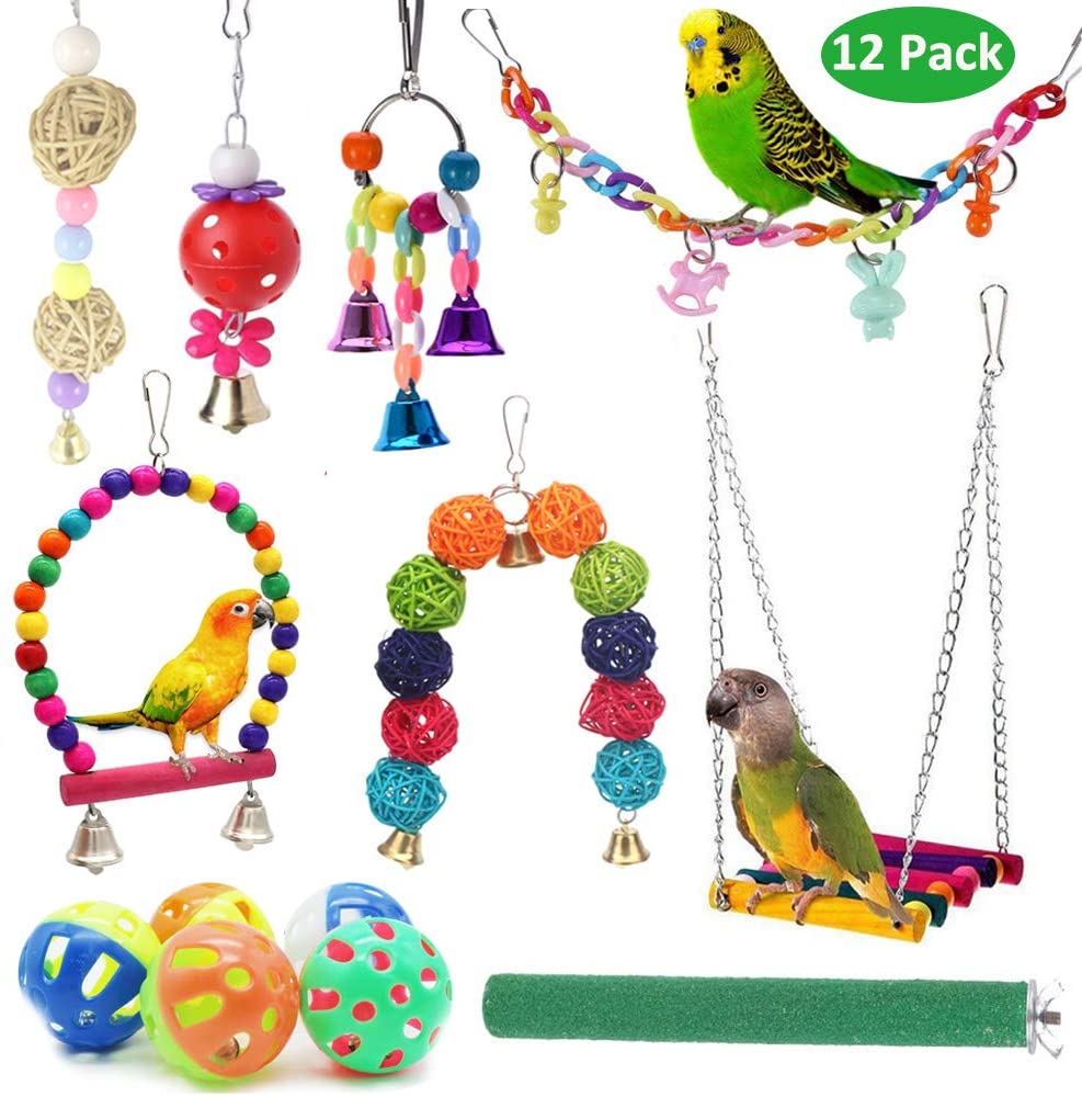 ICOSHOW 12 paquetes de juguetes para pájaros, juguetes para columpio de loro – Campana colgante para masticar pájaros jaula juguetes adecuados para pequeños periquitos, conures, pájaros de amor, cacatúas, guacamayos, pinchos - BESTMASCOTA.COM