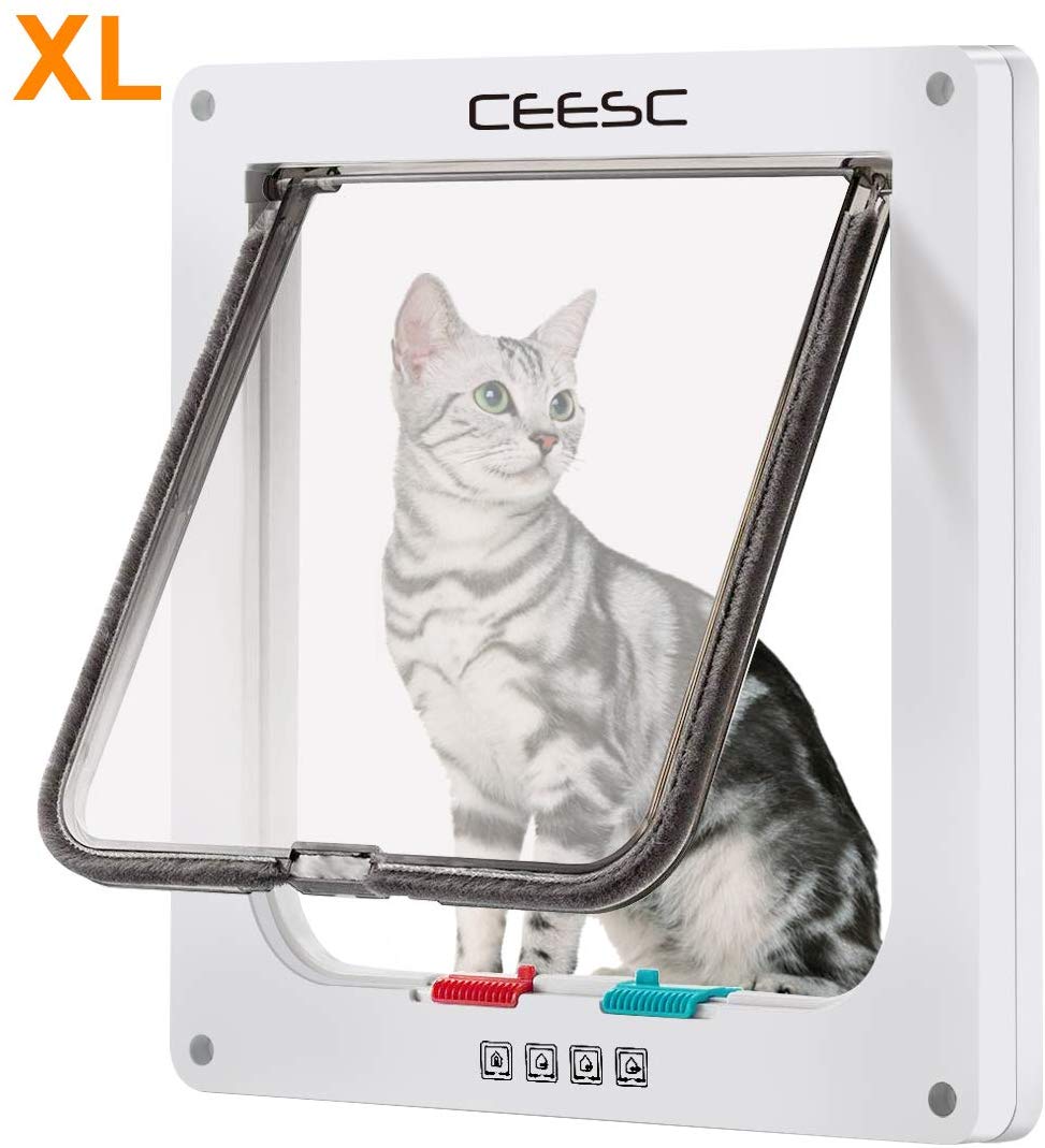 CEESC Puerta grande para gato (Tamaño exterior 11" x 9.8"), puerta de 4 vías con cerradura para ventanas y puerta de cristal corredera, puerta de solapa para gatos y perros con circunferencia < 24.8" - BESTMASCOTA.COM