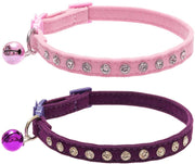 BINGPET Collar de gato con campanas Breakaway, suave terciopelo seguro, collares ajustables con diamante brillante, rosa y morado, 2 unidades - BESTMASCOTA.COM