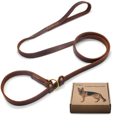 Correa para perro Wellbro de piel auténtica, con costuras ajustables y deslizantes, correas de entrenamiento para perros grandes y medianos, color marrón - BESTMASCOTA.COM