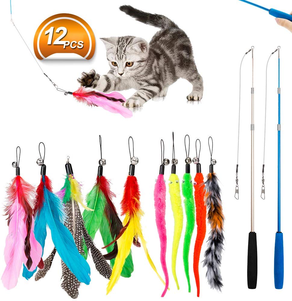 Juguete para gatos con plumas de JIARON, 2 piezas retráctiles de juguete para gatos y 10 piezas de repuesto con relleno de campana, temporizador interactivo y divertido ejercicio para gatos o gatos. - BESTMASCOTA.COM