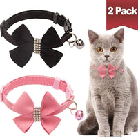 BINGPET Collar para gato con pajarita de campana, hebilla de seguridad ajustable, diamante de imitación de terciopelo, 2 unidades, rosa y negro - BESTMASCOTA.COM