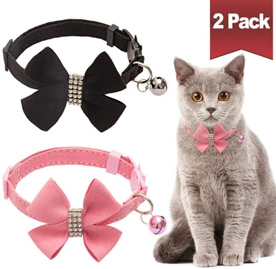 BINGPET Collar para gato con pajarita de campana, hebilla de seguridad ajustable, diamante de imitación de terciopelo, 2 unidades, rosa y negro - BESTMASCOTA.COM