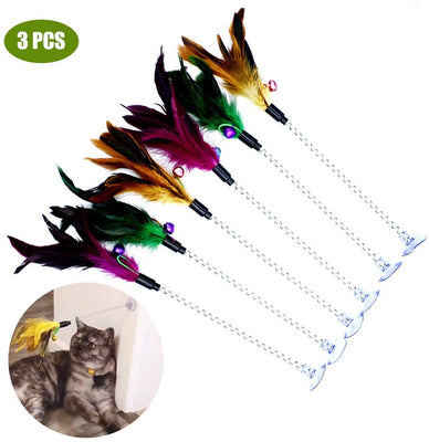 Cat Teaser Wand, 3 Packs Update Metal Wire Spring Cat Toy with Feather and Bell Sucker Cat Teaser Rod Interactive Cat Tease Toys - BESTMASCOTA.COM