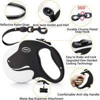QiMH Correa retráctil para perro, 360 ° sin enredos, resistente y reflectante de 16.0 ft con asa antideslizante para perros de tamaño mediano y grande de hasta 110 libras, freno de una mano, pausa y bloqueo - BESTMASCOTA.COM