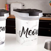 Huellas Pet de plástico contenedor de comida, Meow diseño de mármol, 15lb - BESTMASCOTA.COM