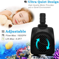 Bomba sumergible PULACO 10W 160GPH con tubo de 3.3 ft para acuarios, tanque de peces, fuente de estanque, estatuaria, hidropónica, característica de agua, fuentes de interior - BESTMASCOTA.COM
