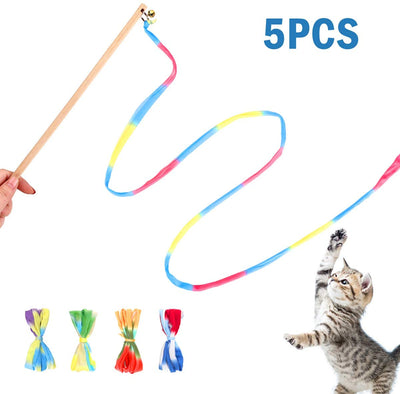 Interactive Cat Toys Rainbow Cat Charmer with Bell, Replaceable Wood Cat Wand with 5PCS Colorful Fabric Ribbon Refills, Safe Cat Catcher Teaser Stick Toy for Kittens Training Pets Exerciser - BESTMASCOTA.COM