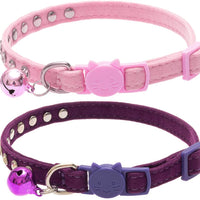 BINGPET Collar de gato con campanas Breakaway, suave terciopelo seguro, collares ajustables con diamante brillante, rosa y morado, 2 unidades - BESTMASCOTA.COM
