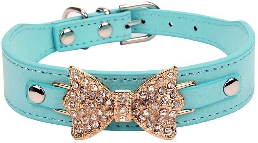 aolove Moda Rhinestones Diamante mariposa lazo corbata ajustable Piel Sintética mascota collares para perros gatos cachorro - BESTMASCOTA.COM