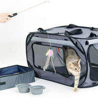 Cat Travel Cage Portable for Car Foldable Cat Cage Kennel for Indoor Outside Large Small Cats Enclosure Cage with Litter Box, Silicone Bowls, Toys Feather Teaser Wand, 32”x19”x19” - BESTMASCOTA.COM