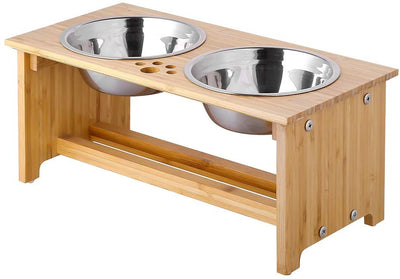 Cuencos elevados para mascotas para gatos y perros – Cuencos de bambú para comida y agua para perros y gatos, con 2 cuencos de acero inoxidable y pies antideslizantes – pendiente de patente - BESTMASCOTA.COM