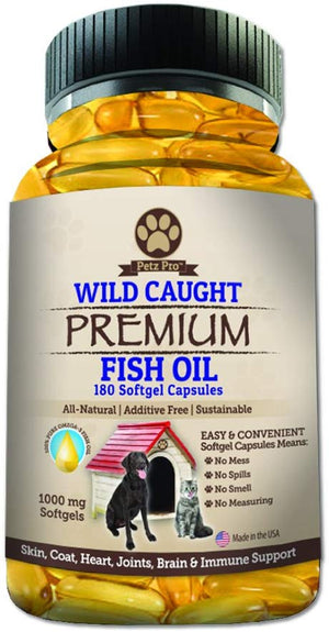 Omega 3 Aceite de Pescado salvaje Caught para perros EPA DHA, mayor en aceite de salmón Omega 3 ácidos grasos luego, Pure sin OMG, todos los alimentos suplemento naturales para Mascota, 180 softgels, 1000 mg por cápsula, No Mess no olor. - BESTMASCOTA.COM